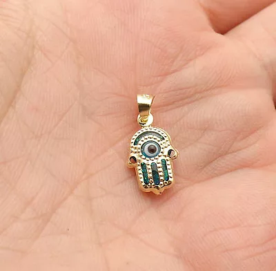 $45.99 • Buy 3D Small Ocean Blue Kabbalah Hamsa Evil Eye Charm Pendant Real 10K Yellow Gold