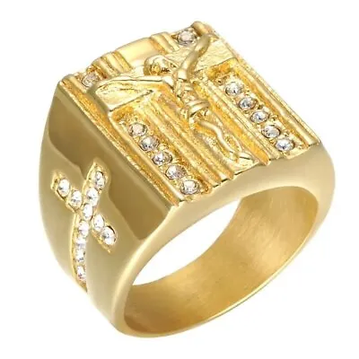 New Men Ring Cross White Cubic Zirconia Ring Gold Color Band Male Ring Size 8-15 • $8.25