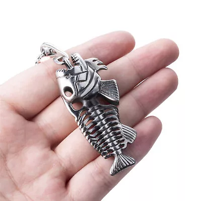 Mens Stainless Steel Fish Bone Fishing Hook Pendant Necklace Chain Jewelry Set • $11.99