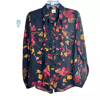 Cabi Catherine Womens Long Sleeve Ruffle Floral Front Button Up Blouse Black S • $19.99