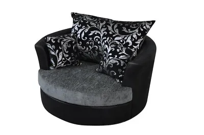 Large Swivel Round Cuddle Chair Chenille Fabric Grey Black Snuggle Love Sofa • £359