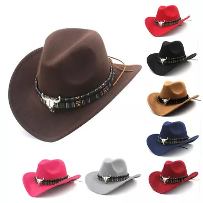 Womens Mens Hat Cowgirl Cowboy Wild West Hats Western Headwear Wide Brim Cap • £8.80