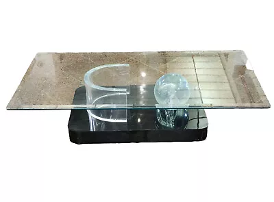 RARE 80's MODERNIST LUCITE GLOBE BALL And GEOMETRIC GLASS COFFEE TABLE • $2800