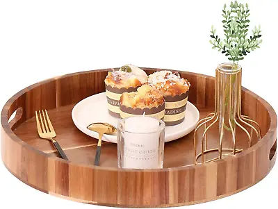 $51.99 • Buy Round Wooden Trays For Coffee Table，Leak-Proof Ottoman Tray Acacia Wood Tray, Se