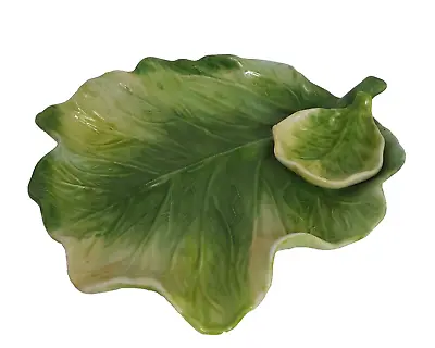 J Willfred  Green Cabbage /Lettuce Leaf Chip & Dip Majolica Serving Dish W/ Tag • $39.99