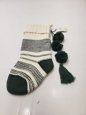 Hearth & Hand Magnolia Christmas Stocking Knitted Lined Pompom Green White NWT • $19.99