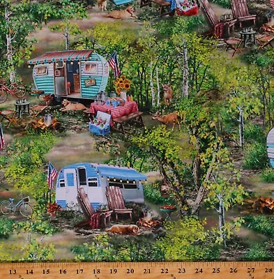 Cotton Camping Campers Dogs Outdoors Deer Green Fabric Print By Yard D510.67 • $13.95