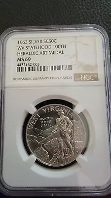 1963 Silver Sc50c Wv Statehood 100th Heraldic Art Medal Ngc Ms 69 • $900