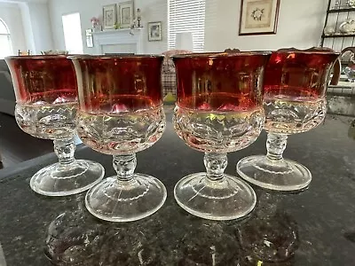 Set Of 4 Indiana Glass Kings Crown Thumprint  Wine Goblet Cranberry Irridescent • $32