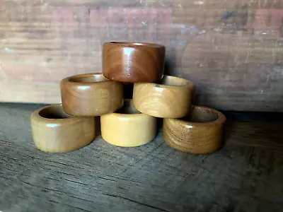 Vintage Wood Napkin Rings Holders Set Of 6 Sleek Mid Century Modern Round Design • $12.99