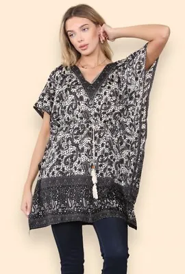 Ladies Shirt Tunic 100% Cotton Kaftan Style Short Summer Top  One Size Fit 10-20 • £5.99