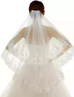 Luxury Bridal Veil Sequins Veil Appliques Lace Edge Long Wedding Veils With Comb • $11.27