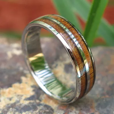 Genuine Double Line Hawaiian Koa Wood Inlay Titanium Wedding Ring Band TWR1010 • $55.79