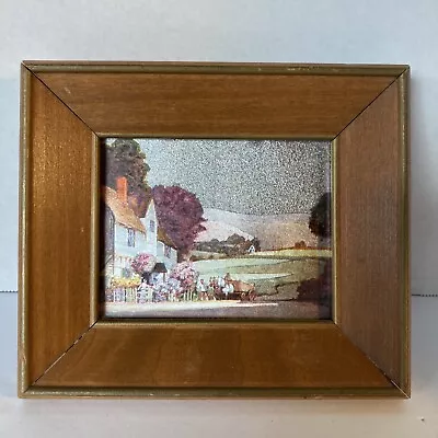 VTG Foil Tinsel Art Print Of A Farm House And Horse Drawn Wagon Wood Frame 7” • $19