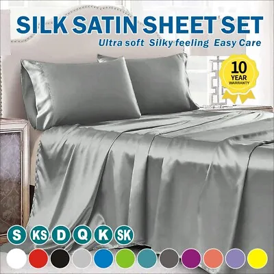 $9.94 • Buy 2000TC Cooling Silk Satin Flat Fitted Sheet Bed Set S/Double Queen Super King