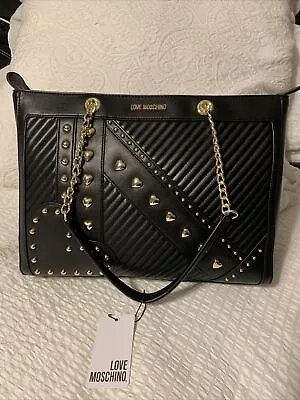 LOVE MOSCHINO Ladies Black Purse With Gold Heart Studs • $89.99