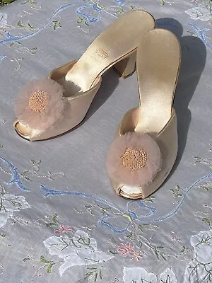 Vintage 1940s Heels Shoes Daniel Green Pink Satin Slippers Mules Old Hollywood 5 • $157.58