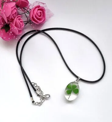 £3.99 • Buy Natural Leaf Clover Resin Pendant Lucky Charm Necklace Black Faux Leather Cord