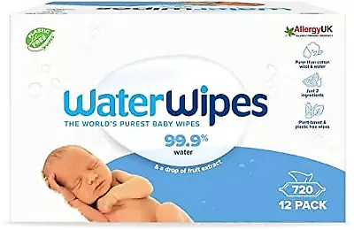 WaterWipes Original Plastic Free Baby Wipes 720 Count (12 Packs) 99.9% Water • £17.99