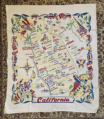 VTG California Map Souvenir Printed Cotton Tablecloth Mexican Design Border • $22.22
