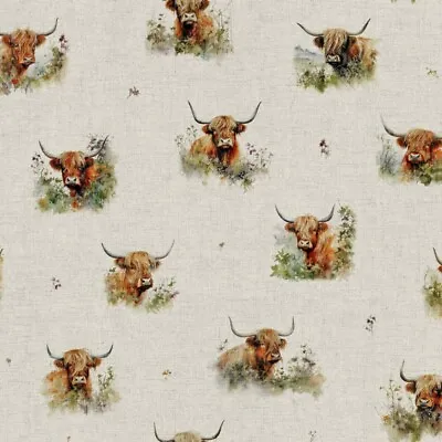 Cotton Rich Linen Look Fabric Digital Hedgerow Highland Cow Cows Farm 140cm Wide • £5.40