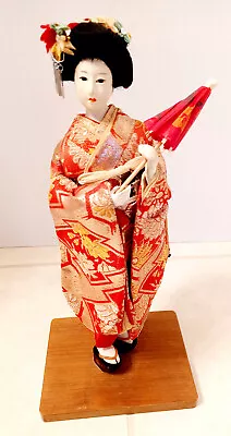 Vintage Mid-Century Japanese Geisha Doll With Red Wagasa/Parasol 12 Inches • $29.99