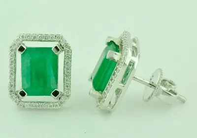 3.32 Ct 14k White Gold Natural Diamond Zambian Emerald Cut Emerald Earring Halo • $1249