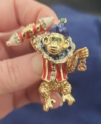 ST JOHN Circus Monkey Chimp Crystal Rhinestone Brooch Enamel Trembler Signed Pin • $79.99