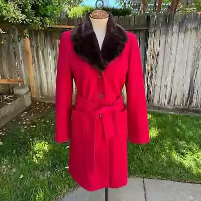 Vintage Sisley Italy Red Wool Black Faux Fur Collar Long Trench Coat Women 40 EU • $85