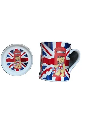Union Jack Cup & Coaster Leonardo Collection Teddy Bear Red Phone Box Pre Owned • £5.50