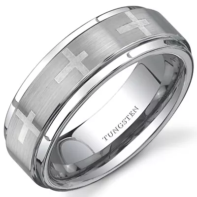 Flat Edge With Cross Laser Pattern 7 Mm Mens Tungsten Ring • $34.99