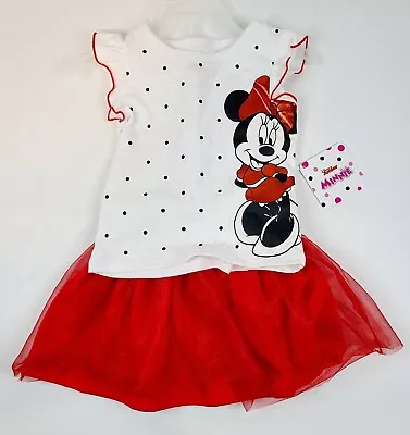 Disney Toddler Girls Minnie Mouse Shirt Tutu Skirt 2 Piece Outfit Red White • $11.99