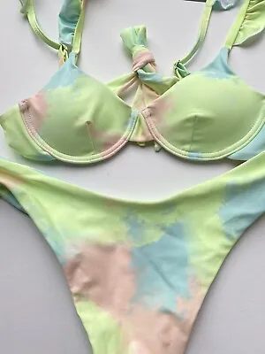 Zaful Colourful Mermaid Frill Padded Bikini Top Size 8 Bottoms Size 12 Swimwear • £8