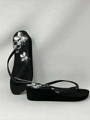MONTEGO BAY CLUB Black Thong Sandals Wedge Flip Flop Size 10 White Flower • $17.99