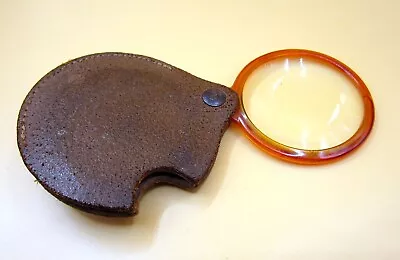 Vintage Folding Magnifying Glass Loupe Bakelite Rim And Genuine Leather Pouch • $14