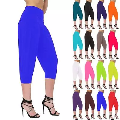 Ladies Women 3/4 Ali Baba Trouser Plain Pants Harem Baggy Loose Cropped Leggings • £7.99