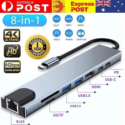 $24.99 • Buy 8in1 Hub USB-C To Type-C USB 3.0 4K HDMI RJ45 Ethernet SD TF PD Port Adapter