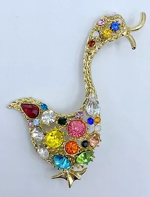 A7-349 Vintage Gold Tone Brooch Pin 3  Rhinestone Crystal Bird Animal Duck • $4.99