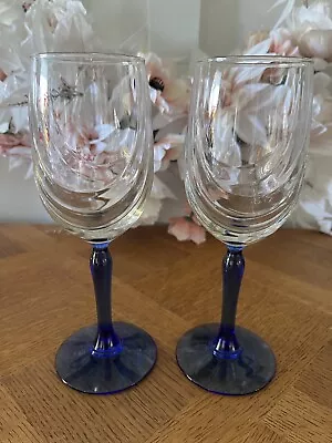 Libbey Crystal Blue Set Of 2 Optic Drape Water Goblets Wine Glasses VTG • $17