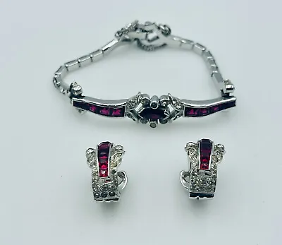 Mazer Bros Vintage Silver Tone Ruby Red Glass Rhinestone Bracelet & Earrings Set • $350