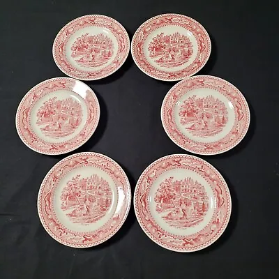 6 Royal Ironstone Memory Lane 6 3/8  Bread And Butter Plates Red USA 1965 • $18
