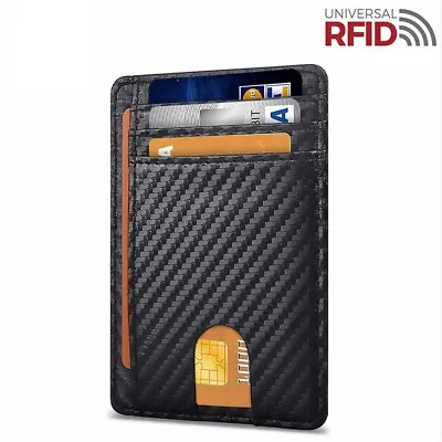 Mens LEATHER CARBON FIBER Slim Wallet Credit Card Holder RFID Blocking Pocket • $9.80