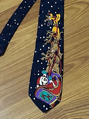 Vintage Disney Store Mickey Mouse & Pluto Christmas Sleigh Mens Tie 100% Silk • $7.50