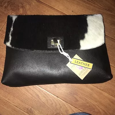 Bnwt Joules Eaton Dark Brown Leather Cow Hide Clutch Bag Pouch Turnlock Fastener • £45