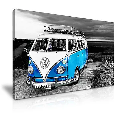 VW Camper Van Vintage Campervan Canvas Wall Art Picture Print 76x50cm • £30.99