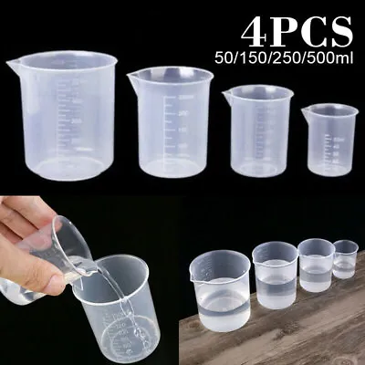 4Pcs 50-500ml Plastic Measuring Cup For Laboratory Beaker Kitchen Liquid Jug New • £5.99