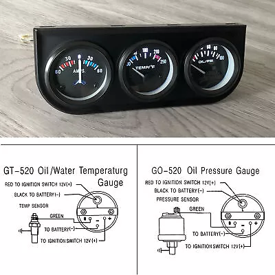 2'' 52mm Triple Gauge Kit Oil Pressure Meter AMP Gauge Water Temp Gauge 3 In1 • $25.92