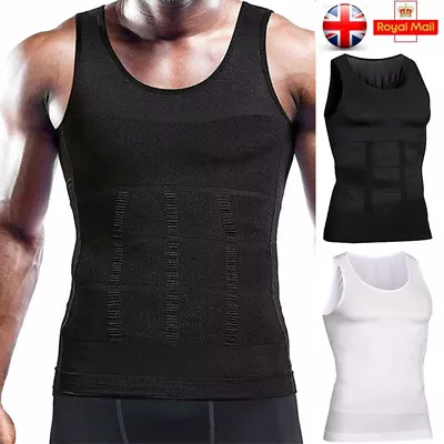 Mens Body Shaper Slimming Shirt Compression Belly Vest Elastic Workout Shapewear • £13.79