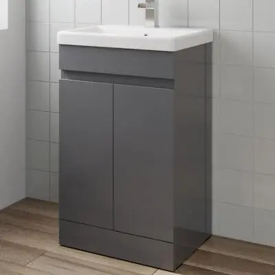 Gloss Grey Free Standing 500mm Door Vanity Unit Basin Modern Bathroom Flat Pack • £159.97