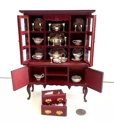 Dollhouse Miniature Mahogany Hutch  With Pink Rose Porcelain Dishes Plus • $65